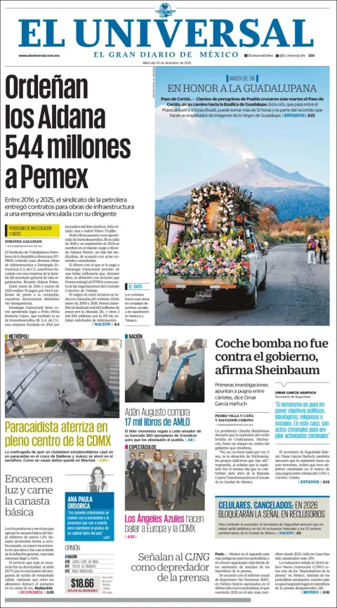 Portada de El Universal del miércoles, 10 de diciembre de 2025