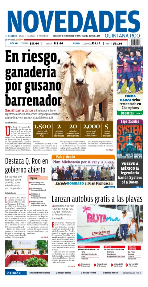 Portada de Novedades Quintana Roo del miércoles, 10 de diciembre de 2025