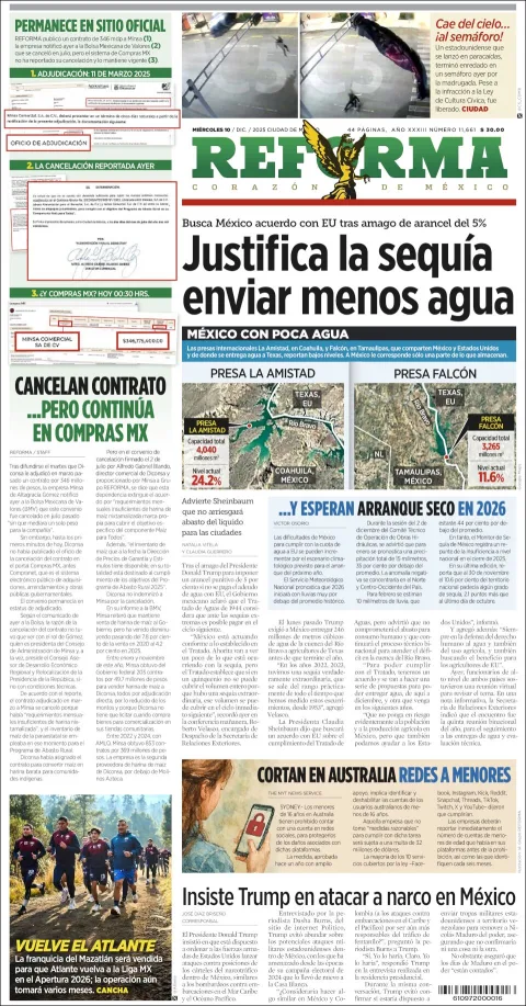 Portada de Reforma del miércoles, 10 de diciembre de 2025