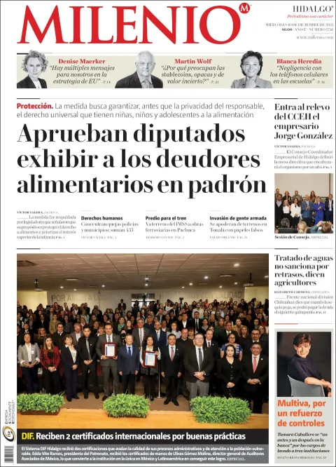 Portada de Milenio Hidalgo del miércoles, 10 de diciembre de 2025