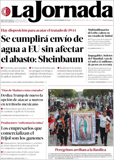 Portada de La Jornada del miércoles, 10 de diciembre de 2025
