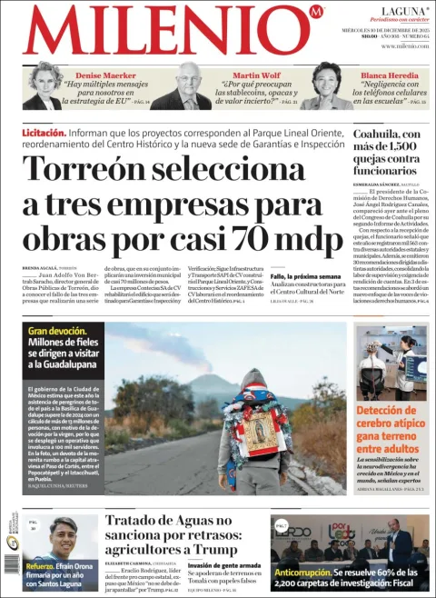 Portada de Milenio Laguna del miércoles, 10 de diciembre de 2025