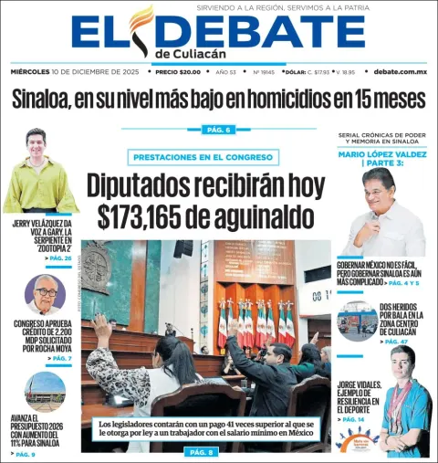 Portada de El Debate de Culiacan del miércoles, 10 de diciembre de 2025