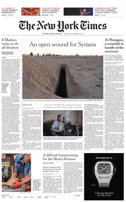 Portada de The New York Times (international) del jueves, 11 de diciembre de 2025