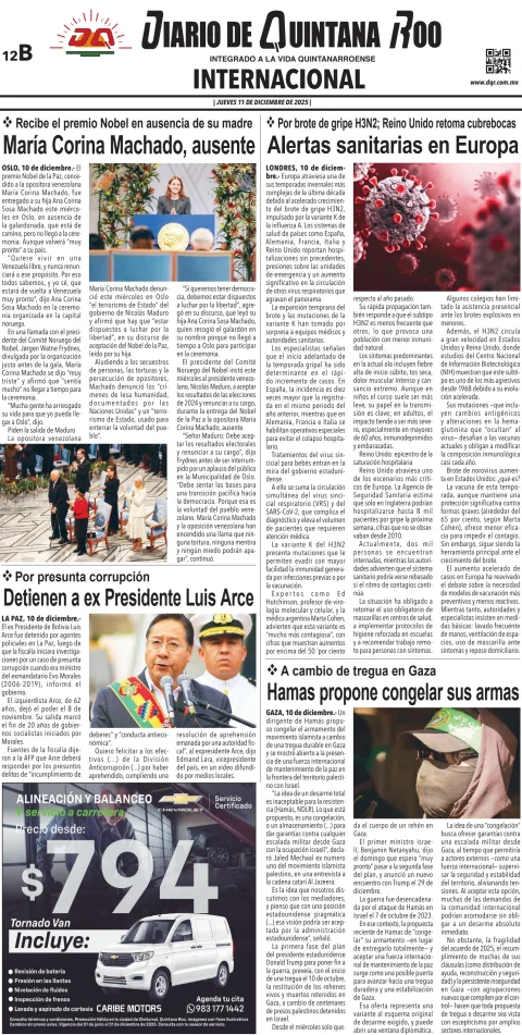 Portada de Diario de Quintana Roo (contra Portada) del jueves, 11 de diciembre de 2025