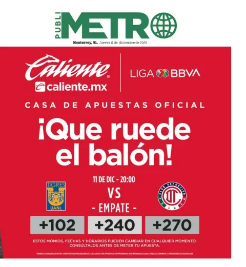 Portada de Publimetro Monterrey del jueves, 11 de diciembre de 2025