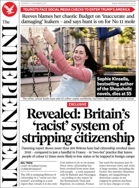 Portada de The Independent del jueves, 11 de diciembre de 2025