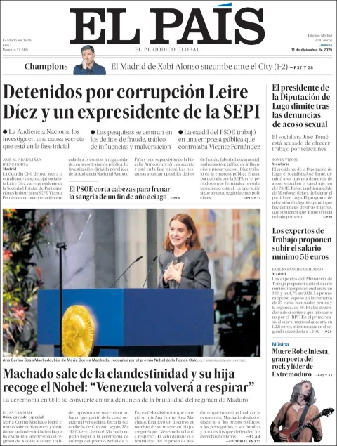 Portada de El Pais del jueves, 11 de diciembre de 2025