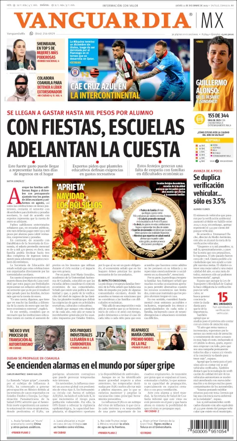 Portada de Vanguardia del jueves, 11 de diciembre de 2025