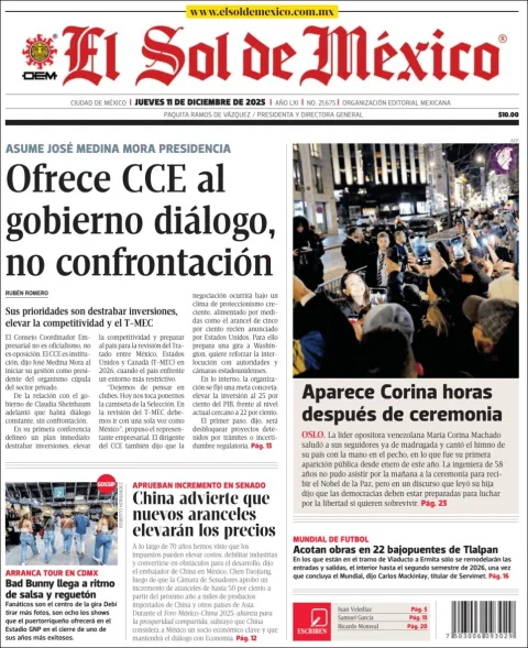 Portada de El Sol de Mexico del jueves, 11 de diciembre de 2025