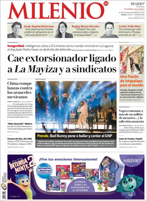 Portada de Milenio del jueves, 11 de diciembre de 2025