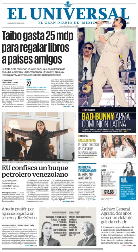 Portada de El Universal del jueves, 11 de diciembre de 2025