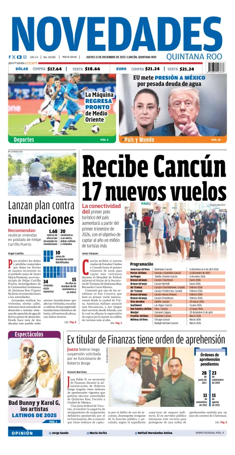 Portada de Novedades Quintana Roo del jueves, 11 de diciembre de 2025