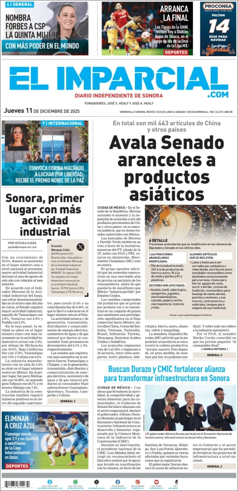 Portada de El Imparcial del jueves, 11 de diciembre de 2025
