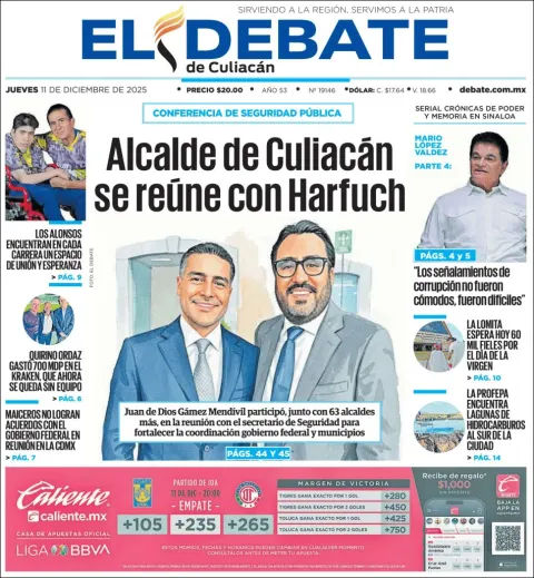 Portada de El Debate de Culiacan del jueves, 11 de diciembre de 2025
