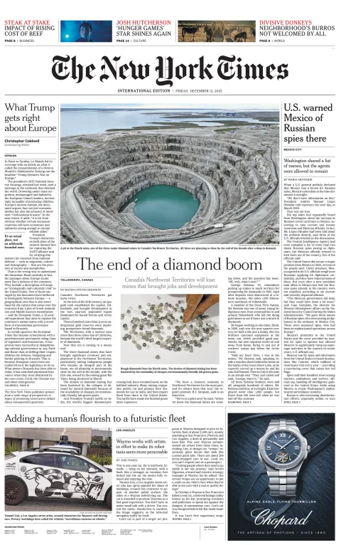 Portada de The New York Times (international) del viernes, 12 de diciembre de 2025