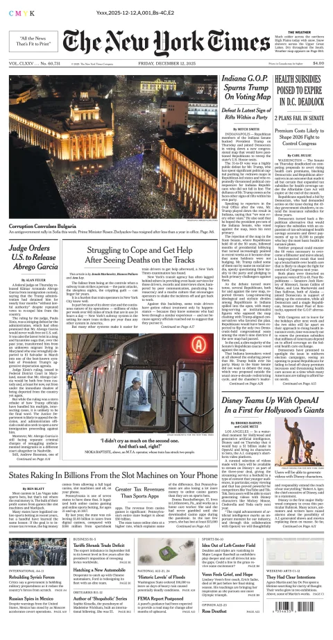 Portada de The New York Times (national) del viernes, 12 de diciembre de 2025