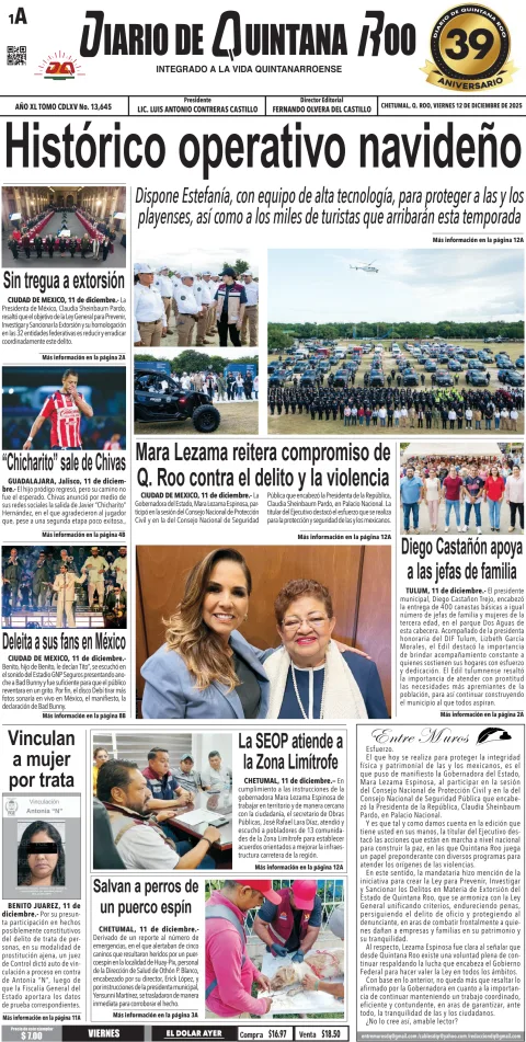 Portada de Diario de Quintana Roo (portada) del viernes, 12 de diciembre de 2025