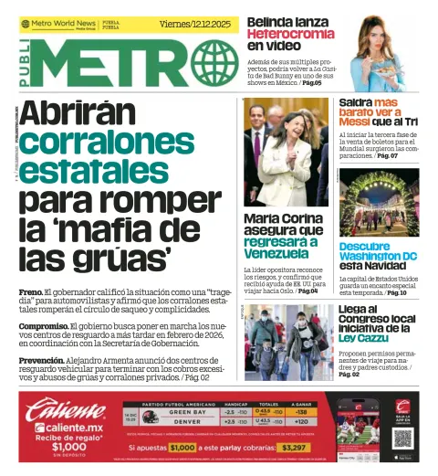 Portada de Publimetro Puebla del viernes, 12 de diciembre de 2025