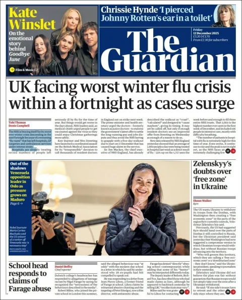 Portada de The Guardian (reino Unido) del viernes, 12 de diciembre de 2025