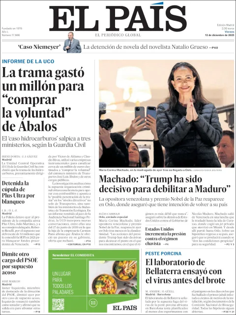 Portada de El Pais del viernes, 12 de diciembre de 2025