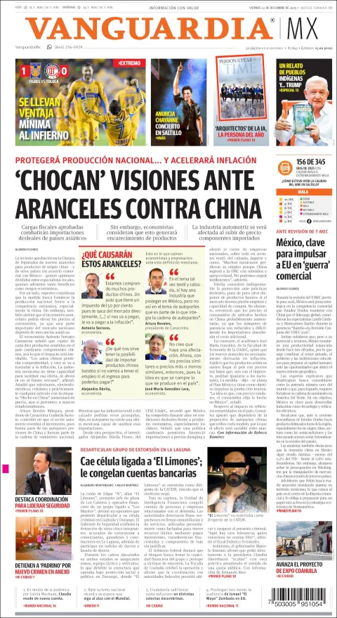 Portada de Vanguardia del viernes, 12 de diciembre de 2025