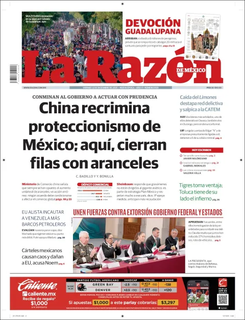 Portada de La Razon del viernes, 12 de diciembre de 2025