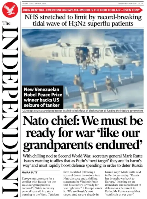 Portada de The Independent del viernes, 12 de diciembre de 2025