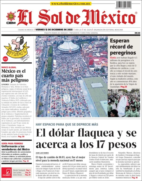 Portada de El Sol de Mexico del viernes, 12 de diciembre de 2025