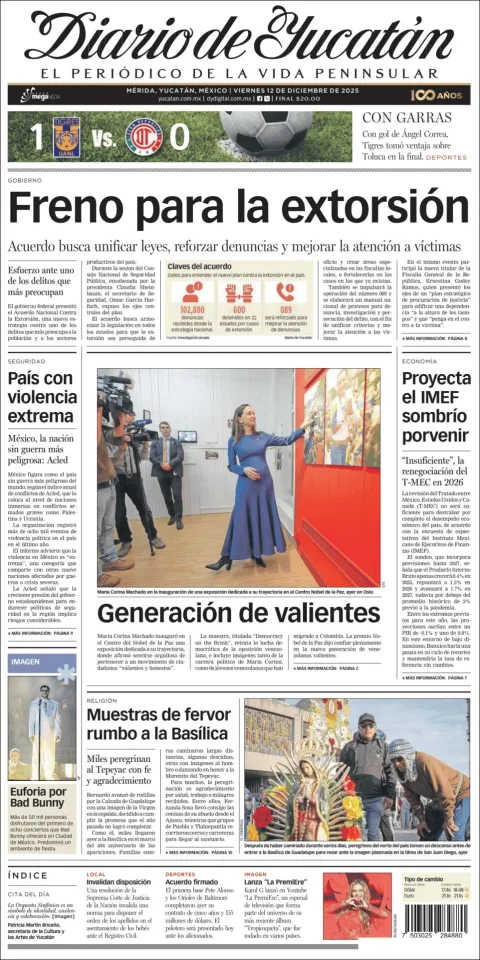 Portada de Diario de Yucatán del viernes, 12 de diciembre de 2025