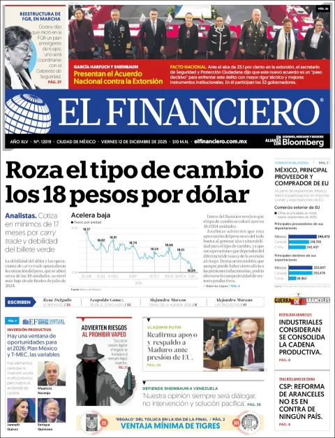 Portada de El Financiero del viernes, 12 de diciembre de 2025