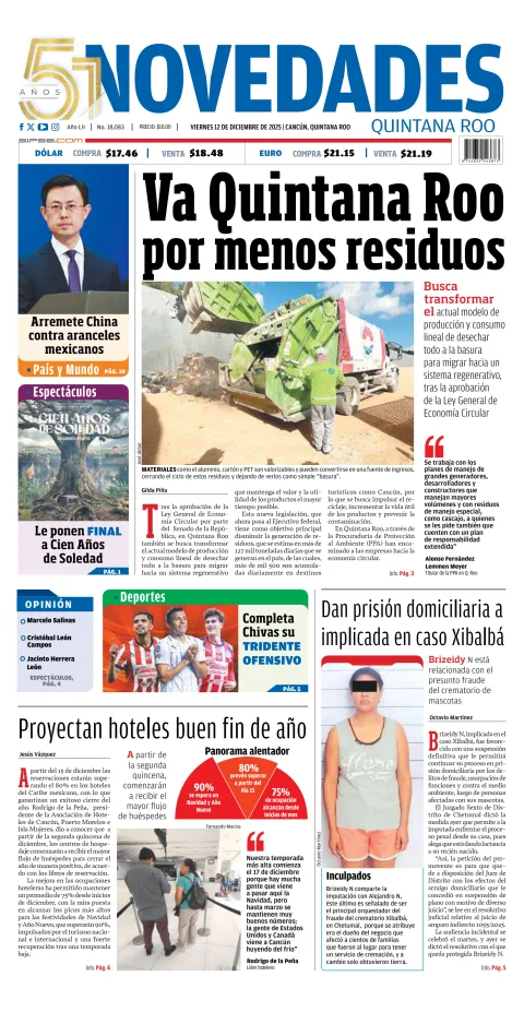 Portada de Novedades Quintana Roo del viernes, 12 de diciembre de 2025
