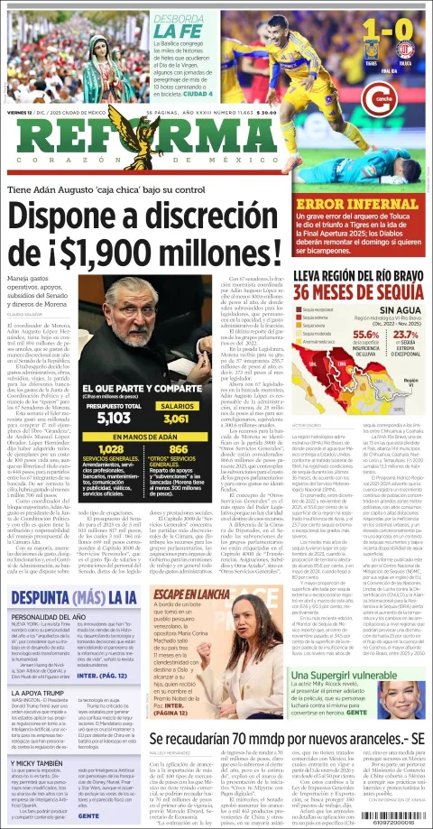 Portada de Reforma del viernes, 12 de diciembre de 2025