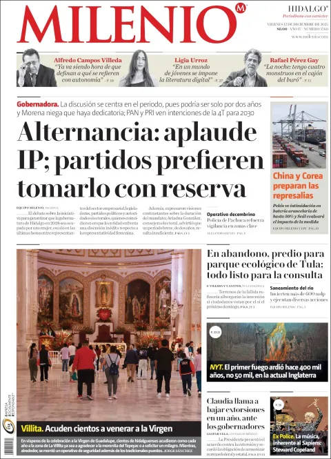 Portada de Milenio Hidalgo del viernes, 12 de diciembre de 2025
