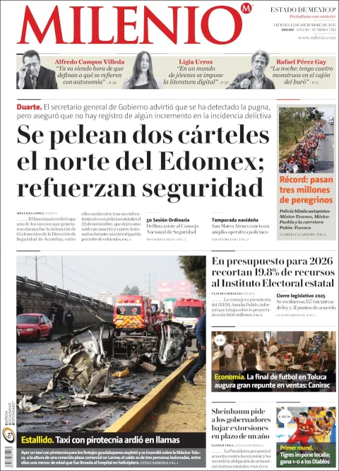 Portada de Milenio Edo de Mexico del viernes, 12 de diciembre de 2025