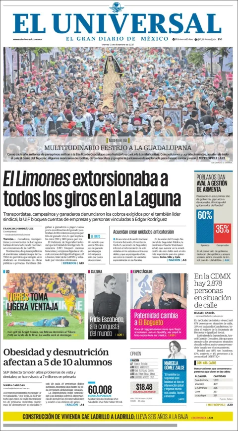Portada de El Universal del viernes, 12 de diciembre de 2025