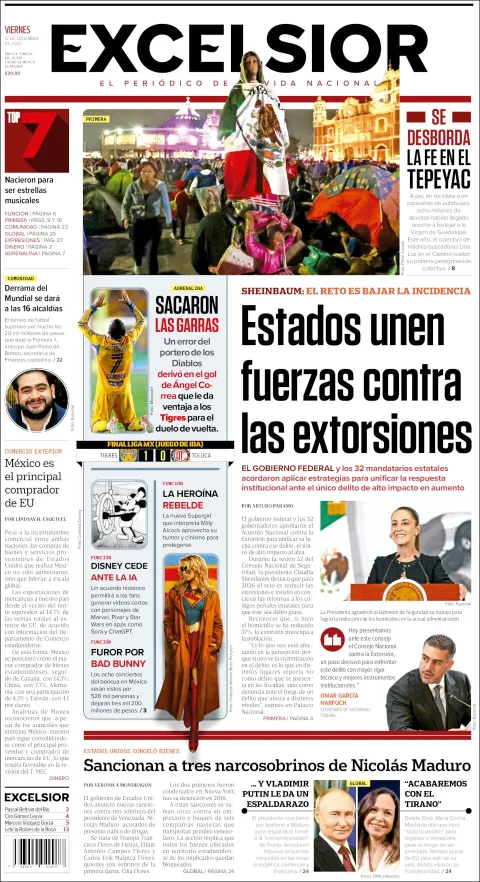 Portada de Excelsior del viernes, 12 de diciembre de 2025