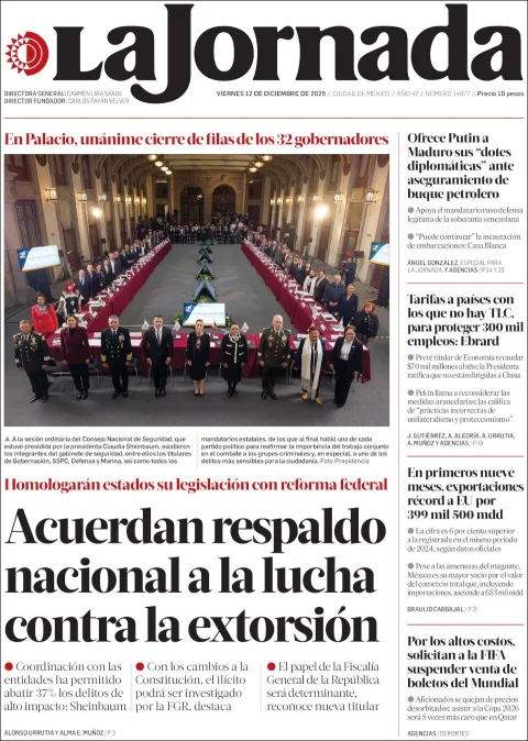 Portada de La Jornada del viernes, 12 de diciembre de 2025