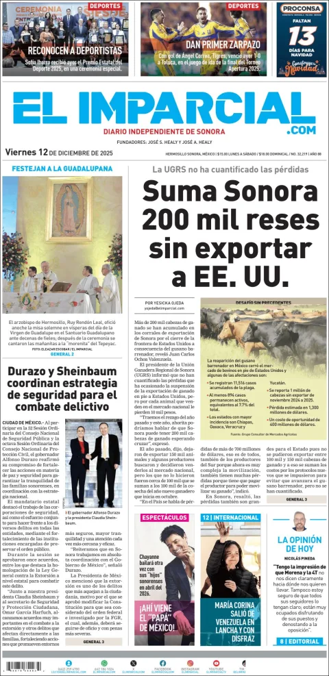 Portada de El Imparcial del viernes, 12 de diciembre de 2025