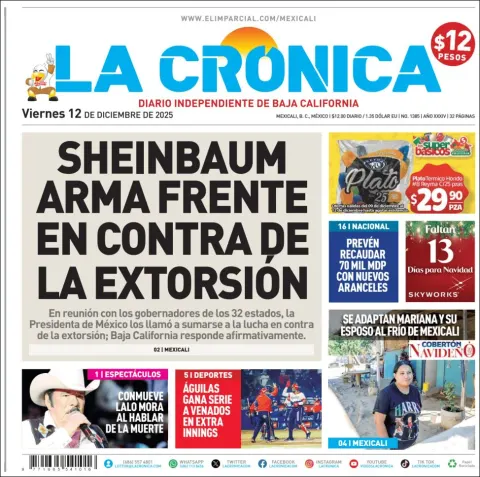 Portada de La Cronica del viernes, 12 de diciembre de 2025
