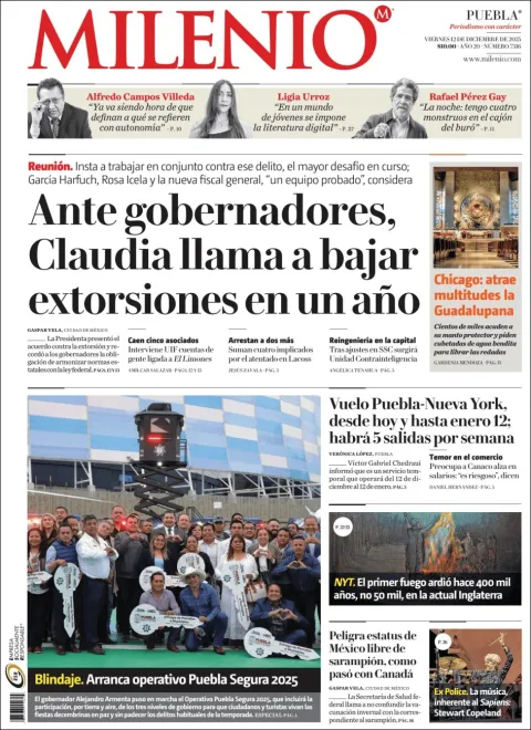 Portada de Milenio Puebla del viernes, 12 de diciembre de 2025