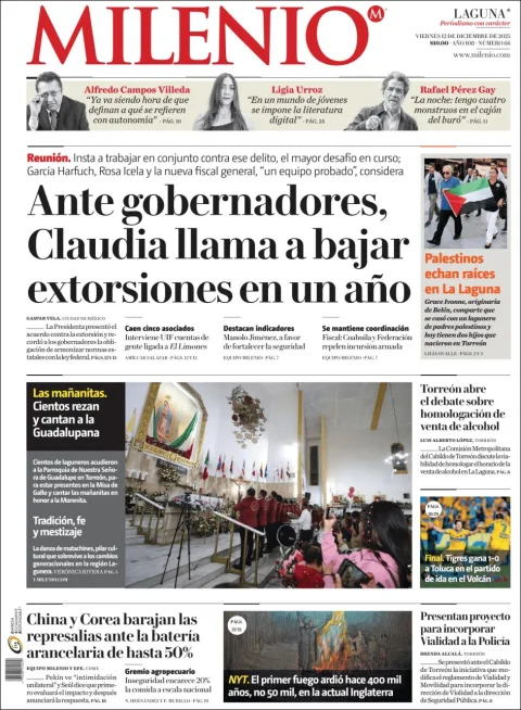 Portada de Milenio Laguna del viernes, 12 de diciembre de 2025