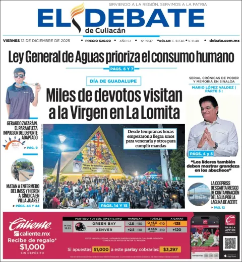 Portada de El Debate de Culiacan del viernes, 12 de diciembre de 2025
