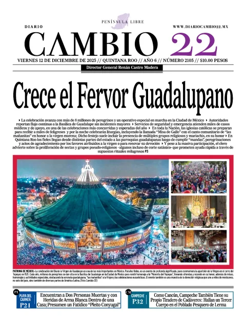 Portada de Diario Cambio 22 (contraportada) del viernes, 12 de diciembre de 2025