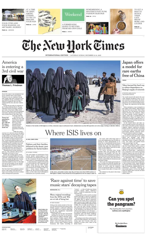 Portada de The New York Times (international) del sábado, 13 de diciembre de 2025