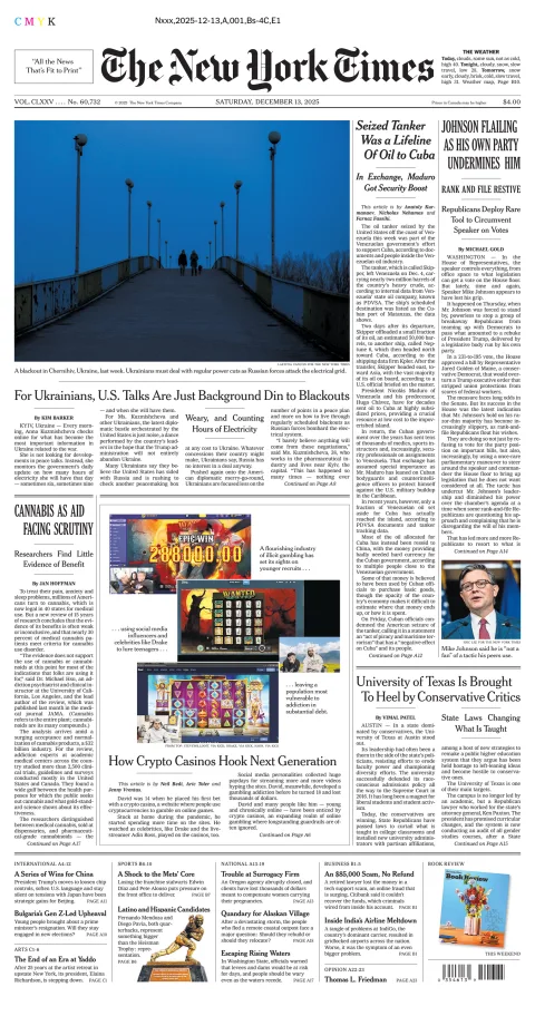 Portada de The New York Times (new York) del sábado, 13 de diciembre de 2025