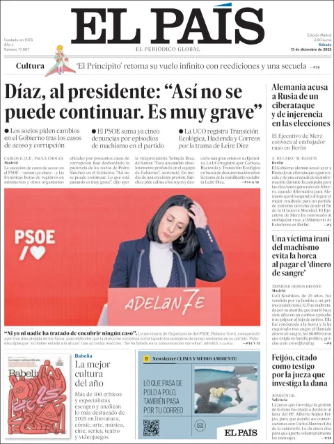 Portada de El Pais del sábado, 13 de diciembre de 2025