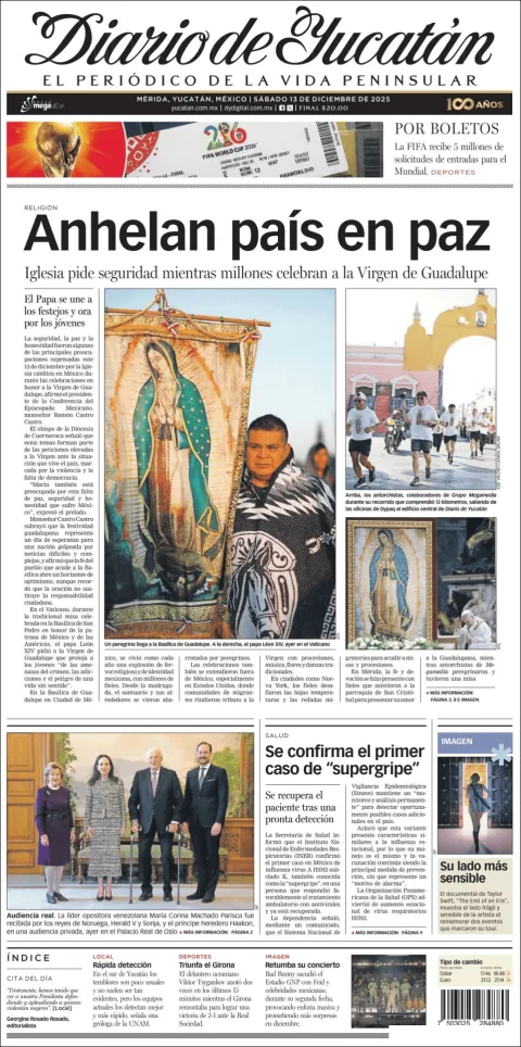 Portada de Diario de Yucatán del sábado, 13 de diciembre de 2025