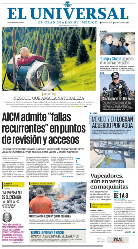 Portada de El Universal del sábado, 13 de diciembre de 2025