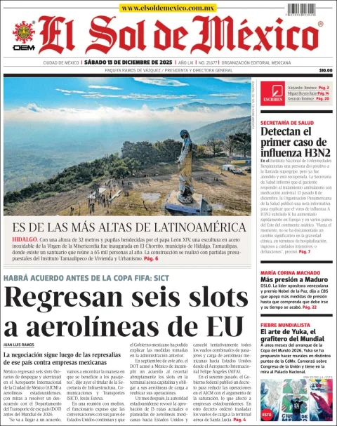 Portada de El Sol de Mexico del sábado, 13 de diciembre de 2025